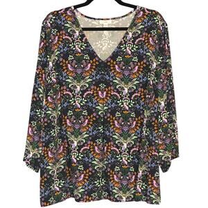 J. Jill Delightful Garden Print Satin Blouse Sz 2X V Neck Botanical Cottagecore